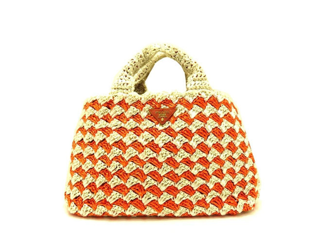 Prada Canapa Raffia Tote Bag Orange White